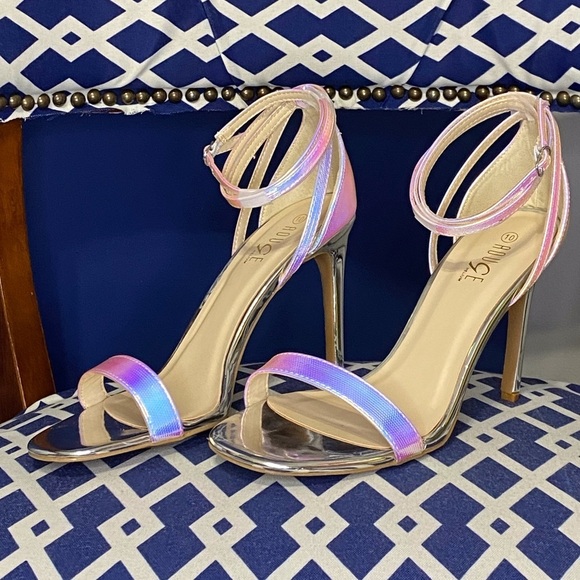 Pink Iridescent hologram single ankle strap heels sandals prom night - Picture 3 of 4